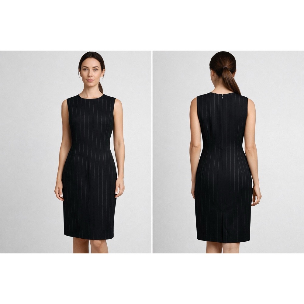 Amanda Smith Wool Sheath Dress Sz 10 Navy Blue Pinstripe‎ Sleeveless Career